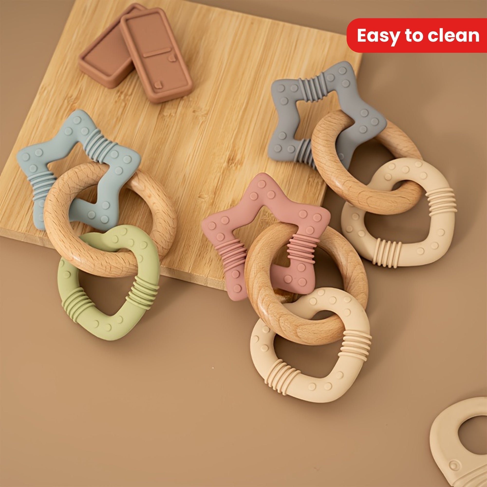Baby Silicone Teether with Wooden Ring Star and Heart Designs Assorted Colors