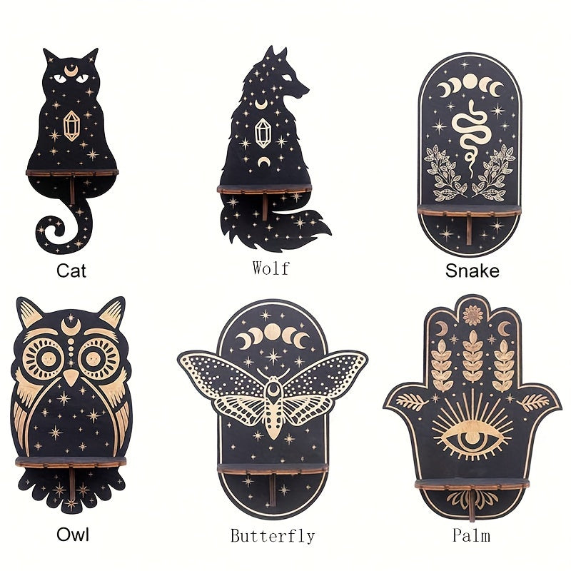 Rustic Wooden Wall Shelf with Animal and Butterfly Designs for Crystals and Candles