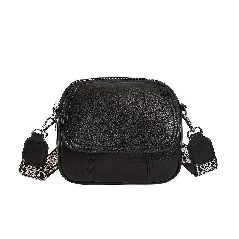 Square Crossbody Bag with Wide Strap Zipper in Solid Color PU Material