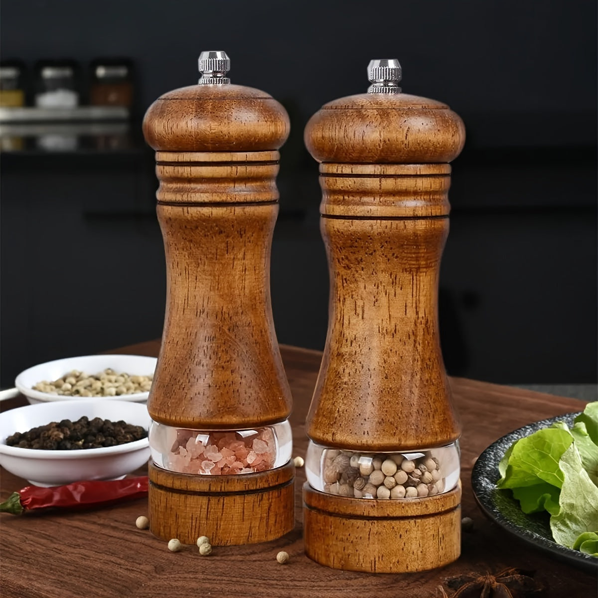 Set of 2 Adjustable Wooden Pepper and Sea Salt Grinders, Refillable, Manual Spice Mills