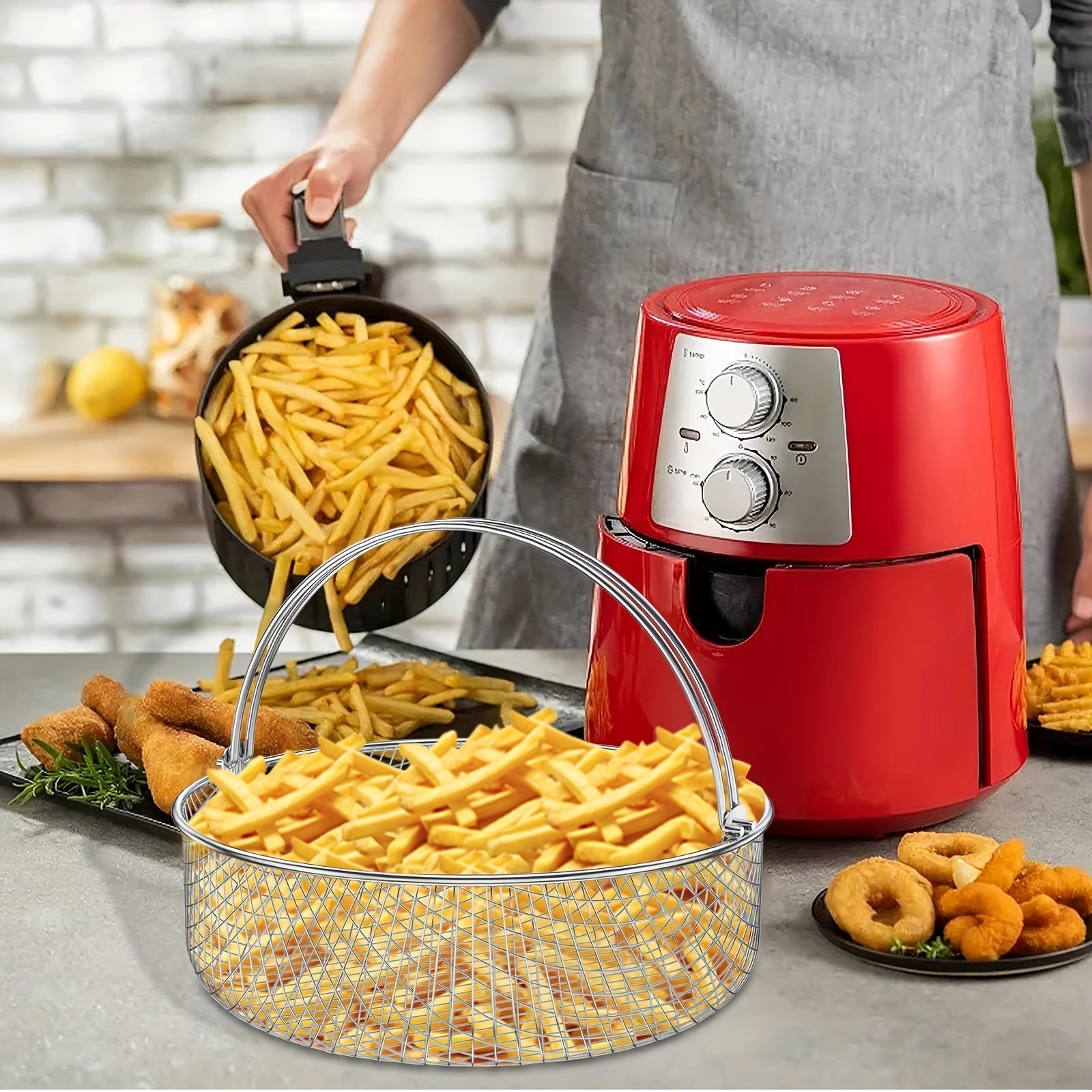 Havoni qovurish uchun mesh to'r - zanglamaydigan po'latdan yasalgan, tutqichi bilan - sog'lom ovqat tayyorlash uchun ideal, uy oshxonalariga mos