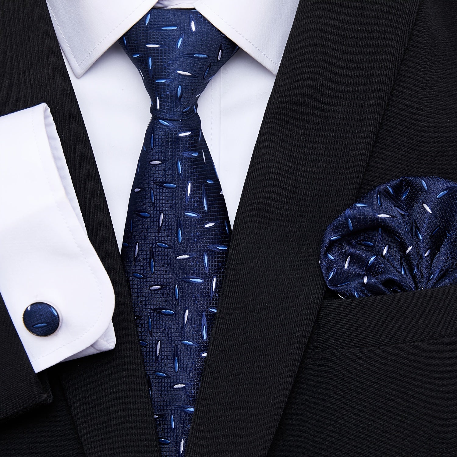 Men's Blue Jacquard Floral Tie Set with Pocket Square and Cufflinks for Weddings and Formal Events
