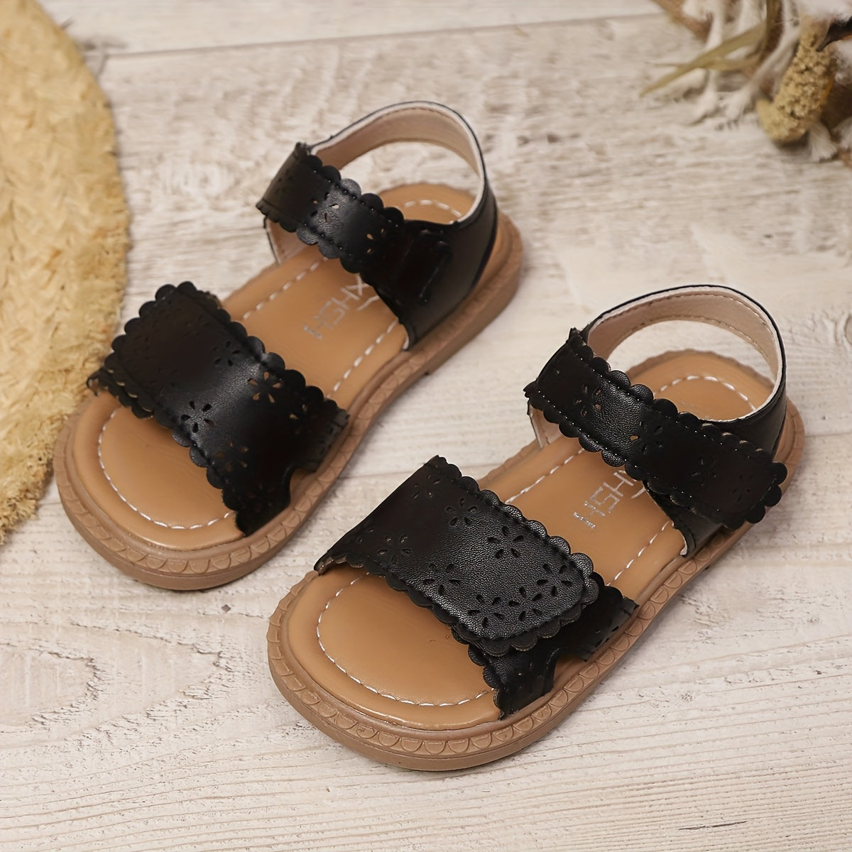 Girls Summer Sandals Breathable Lightweight Floral Cut-Out Beige Rubber Sole