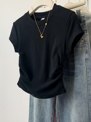 Women's Cotton Y2K Style T-Shirt Crew Neck Short Sleeve Solid Color with Frill Detail