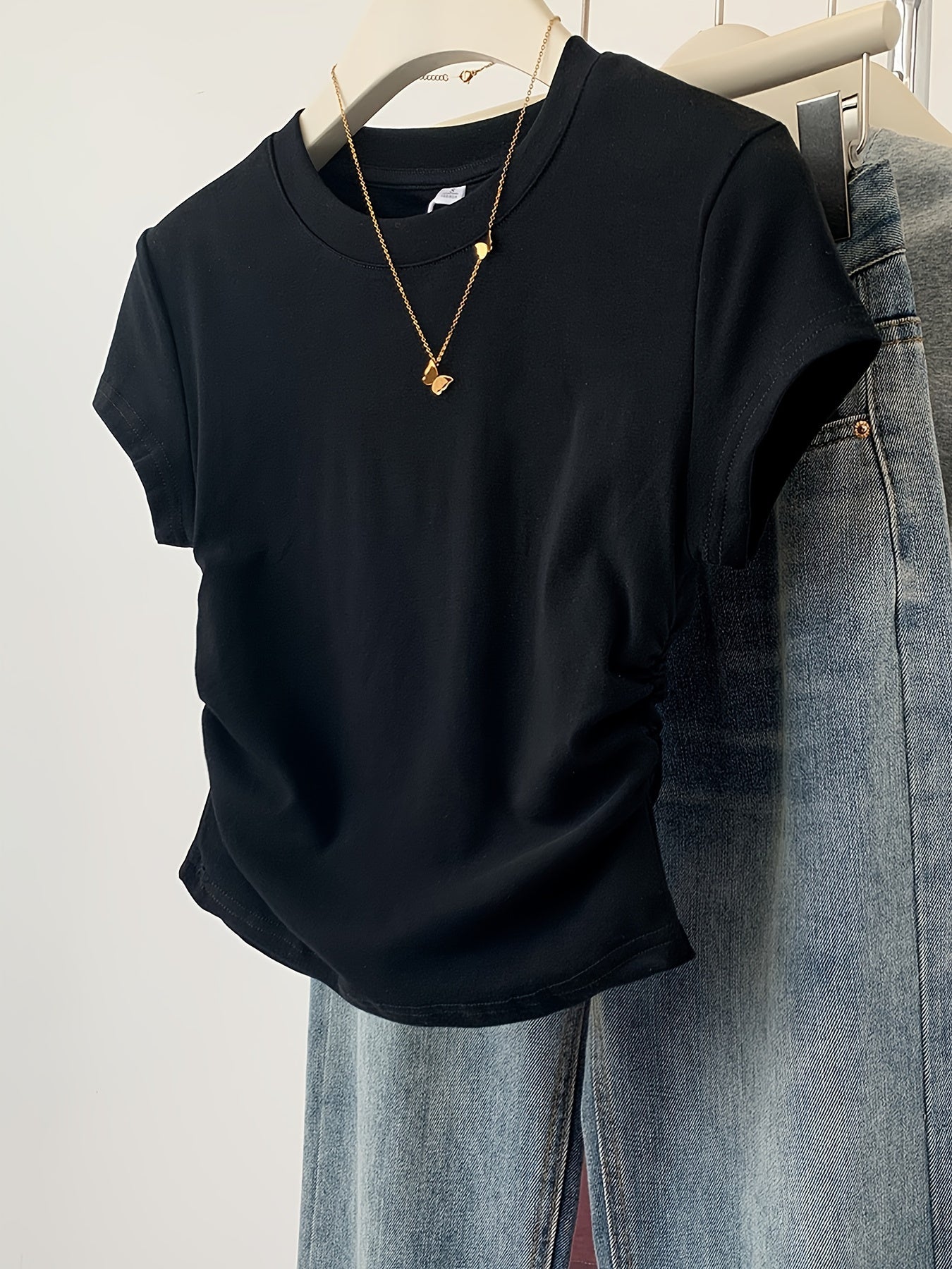 Women's Cotton Y2K Style T-Shirt Crew Neck Short Sleeve Solid Color with Frill Detail