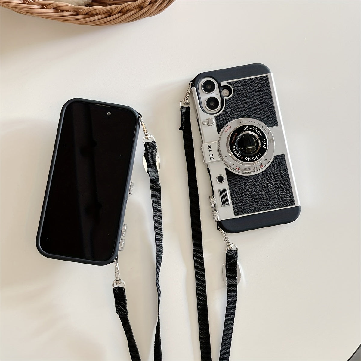 Stylish 3D Camera Phone Case with Crossbody Strap for iPhone Models TPU Retro Lanyard