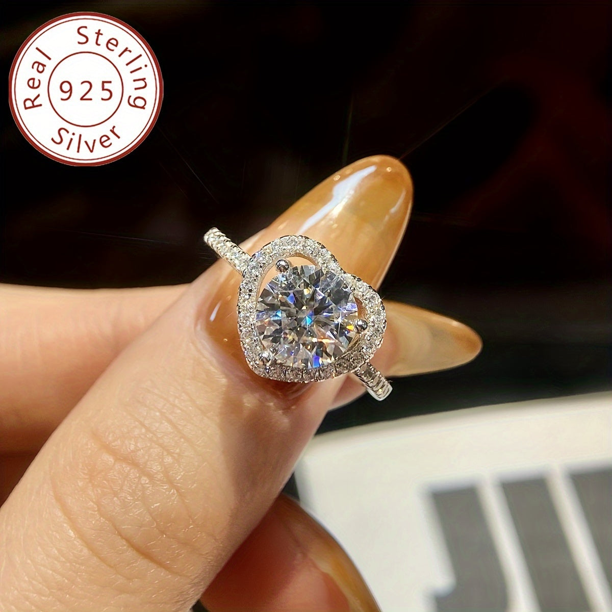 Ladies Silver Promise Ring 1CT Moissanite Heart Hypoallergenic Engagement Wedding Anniversary Valentine