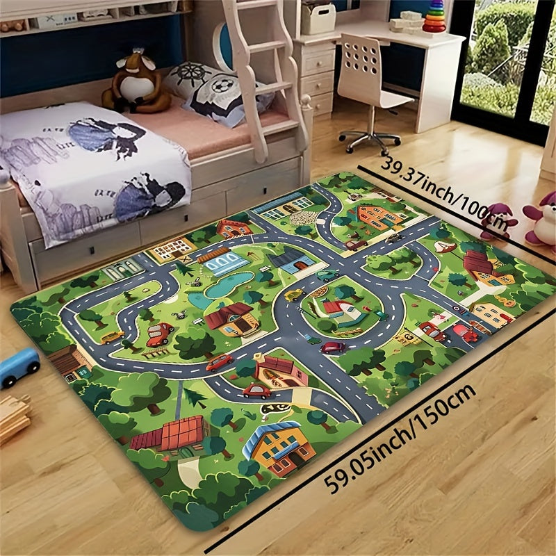 Alfombra de diseño de pueblo de dibujos animados verdes para habitaciones infantiles y espacios de estar