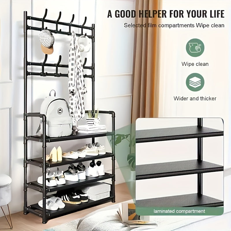 Black and White Shoe and Hat Rack with Dustproof Cover 8 Hooks for Entryway Living Room Bedroom