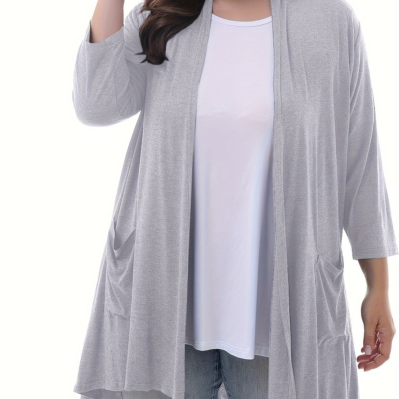Plus Size Women's Open Front Cardigans Long Sleeve Solid Color Spring Fall