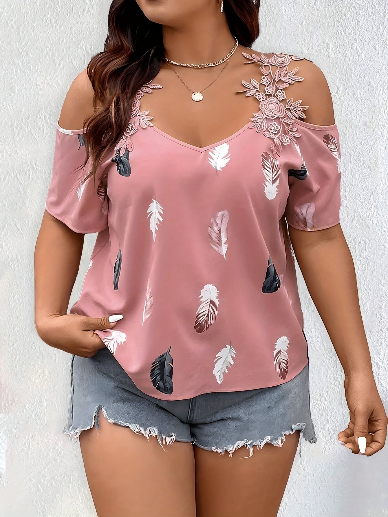 Plus Size Off-Shoulder Shirt With Embroidered Appliqué for Women