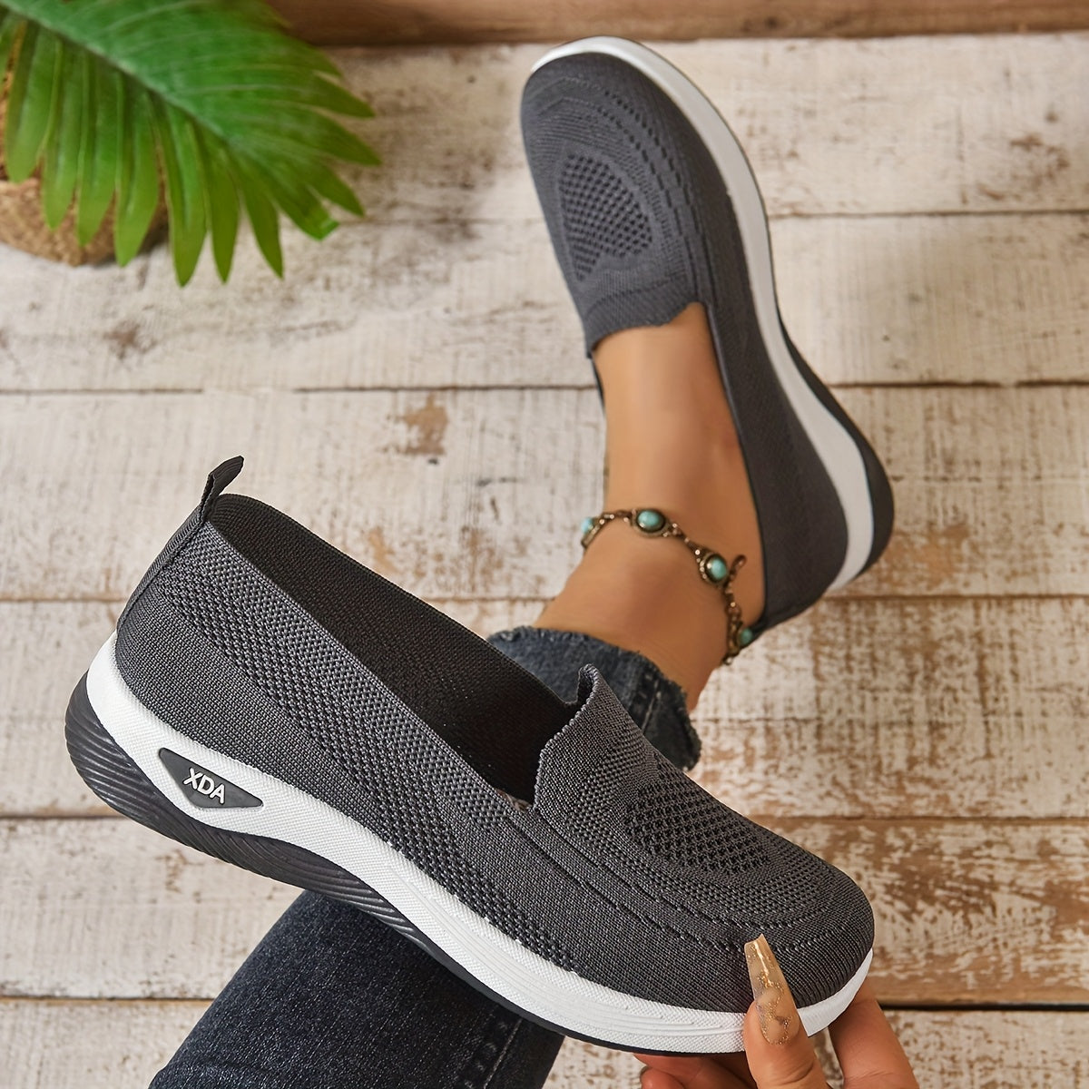 Women's Breathable Knit Slip-On Sneakers Lightweight Casual Shoes with Rubber Sole