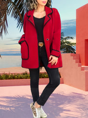 Abrigo de tweed rojo para mujer con doble botonadura, a prueba de viento, cálido, para otoño e invierno, con bolsillos