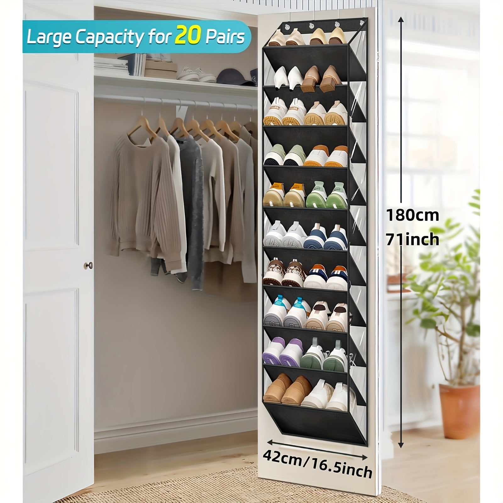 Over-the-Door Shoe Organizer 20 Pairs 10-Tier Foldable Plastic Closet Storage