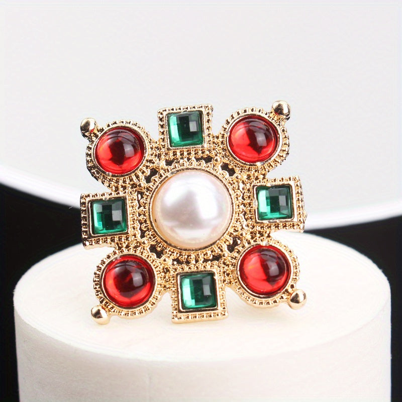 Vintage Baroque Style Brooch with Rhinestones and Gold Finish for Women