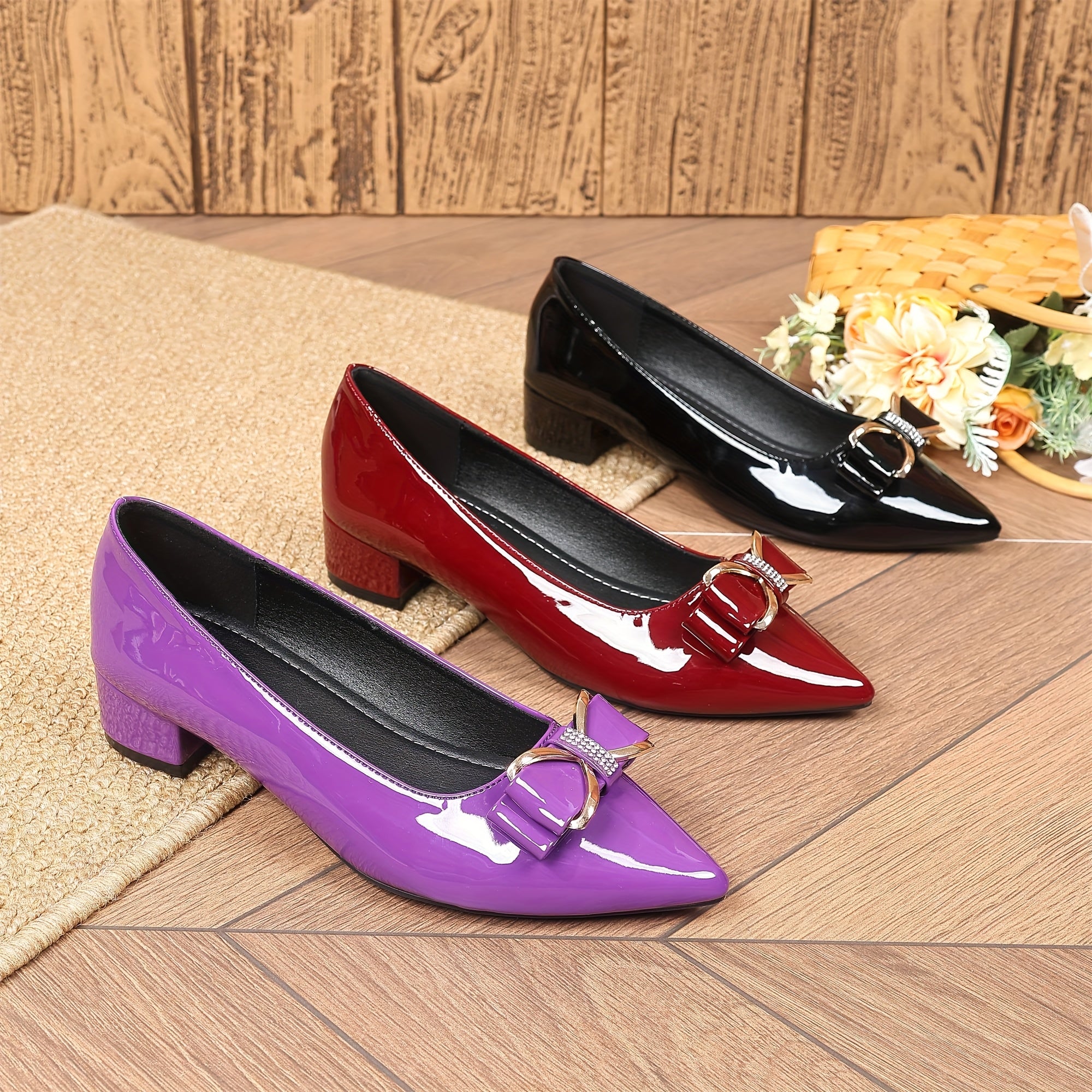 Women's Pointed Toe Pumps Faux Cover Glitter Chunky Heel Purple Red Black