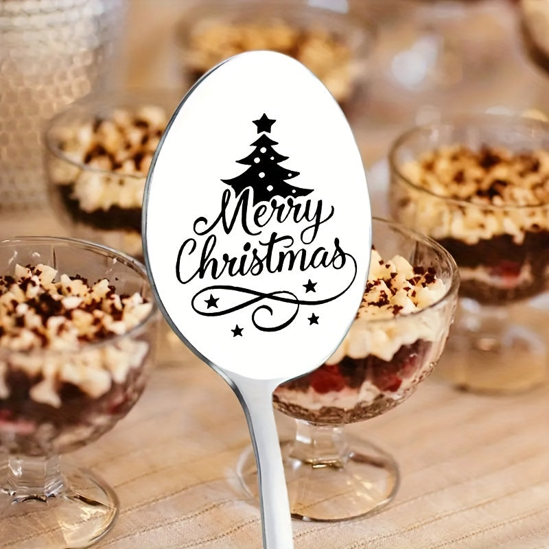 Stainless Steel Spoon Set with Laser-Carved Christmas Tree Designs for Gifting