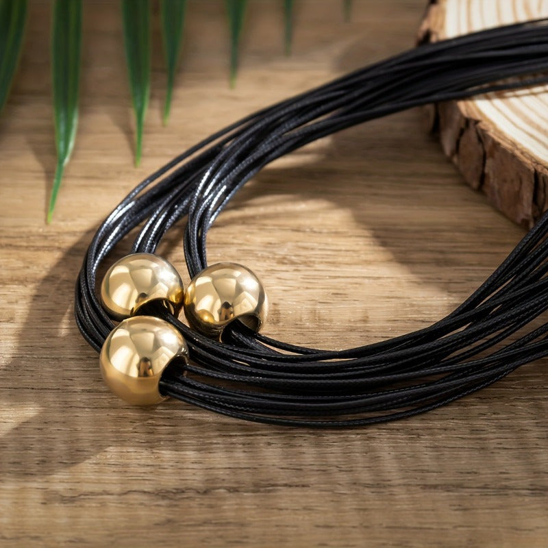 Black Beaded Necklace with Multilayer Design and Metallic Spherical Accents for Parties