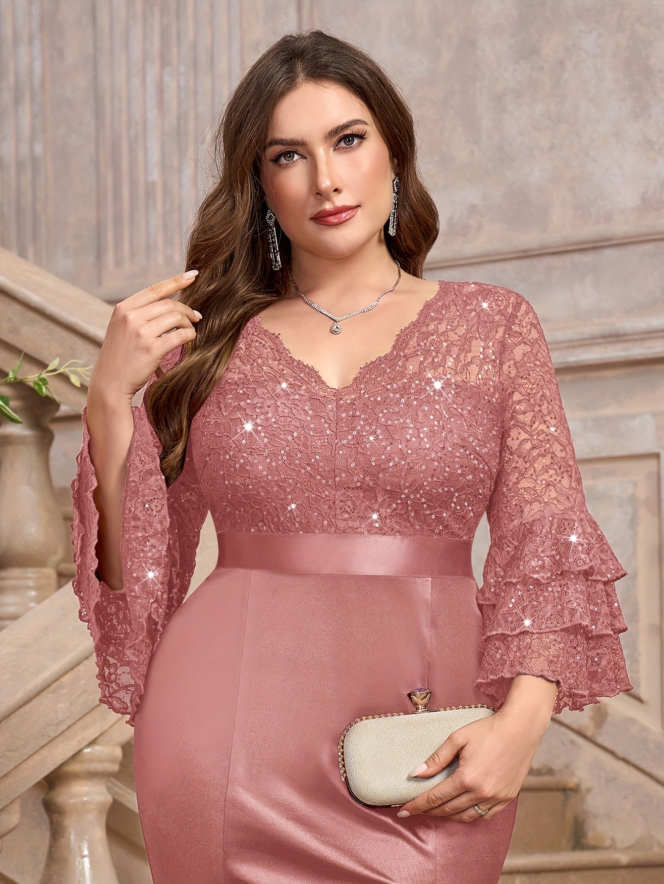 Plus Size V-Neck Sequin Lace Mermaid Dress for Weddings and Parties Navy Blue