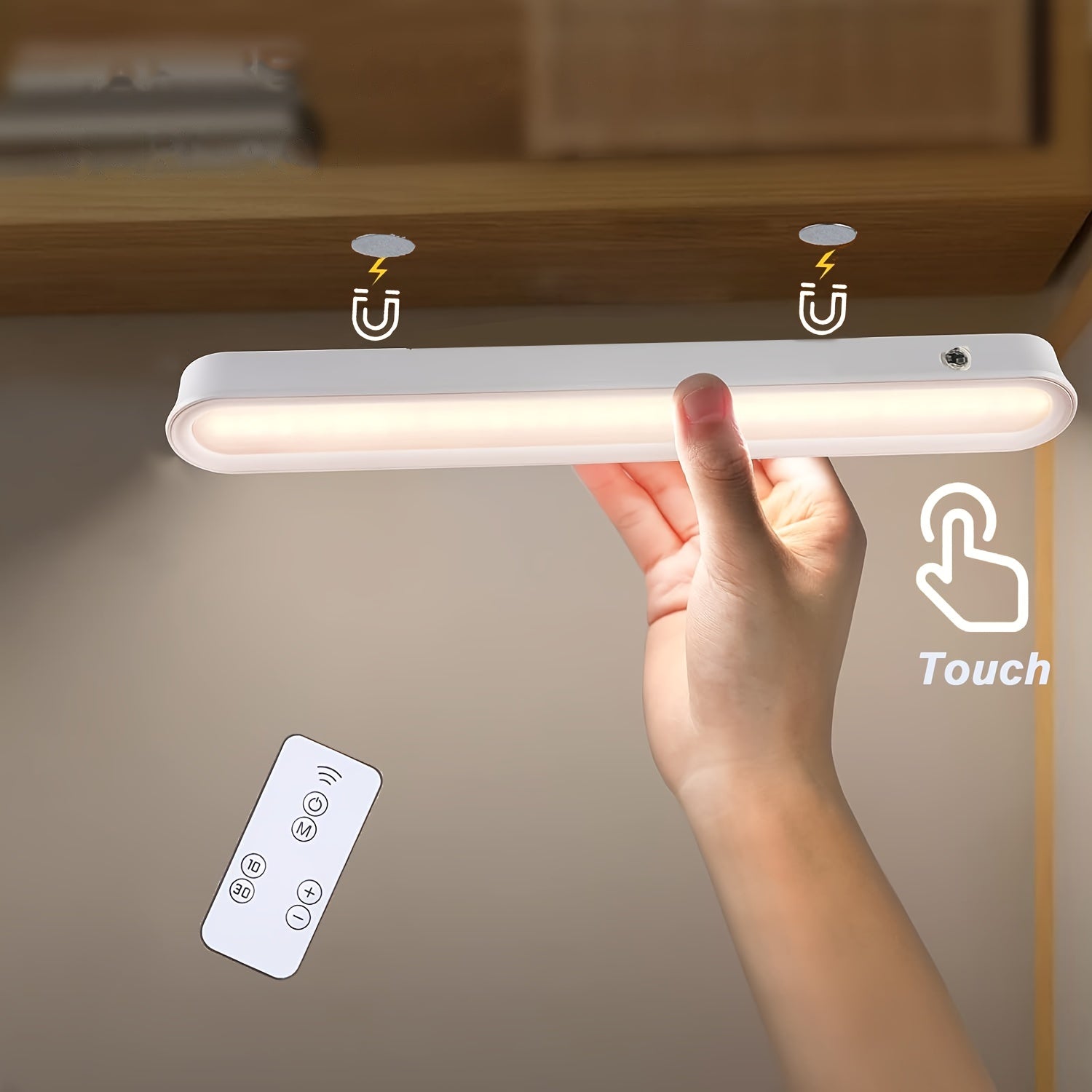 Luz LED táctil inalámbrica recargable con control remoto, montaje magnético, regulable para armarios, cocina y espejo de maquillaje