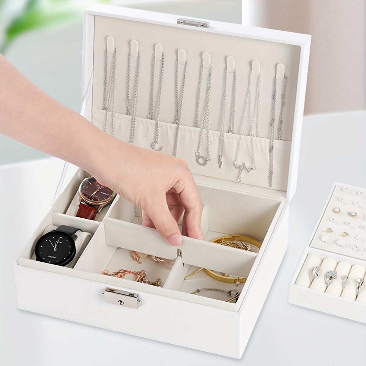 Double Layer Jewelry Box Leather Storage Organizer for Earrings Bracelets Rings Necklaces