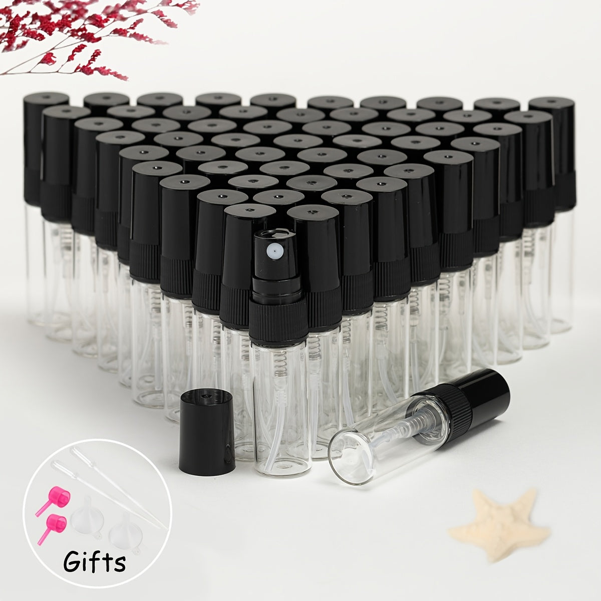 56 прозрачных стеклянных флаконов для духов с многоразовыми распылителями различных размеров, идеально подходящих для путешествий и увлажнения.
