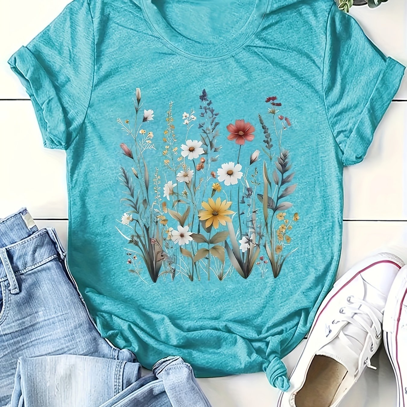 Plus Size Floral Print T-Shirt Polyester Crew Neck Summer Pocket Tee