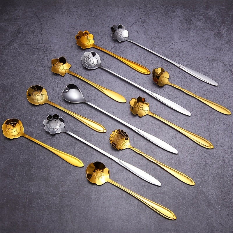 Golden Stainless Steel Coffee and Dessert Spoon Set with Floral and Geometric Designs for Tea and Cake