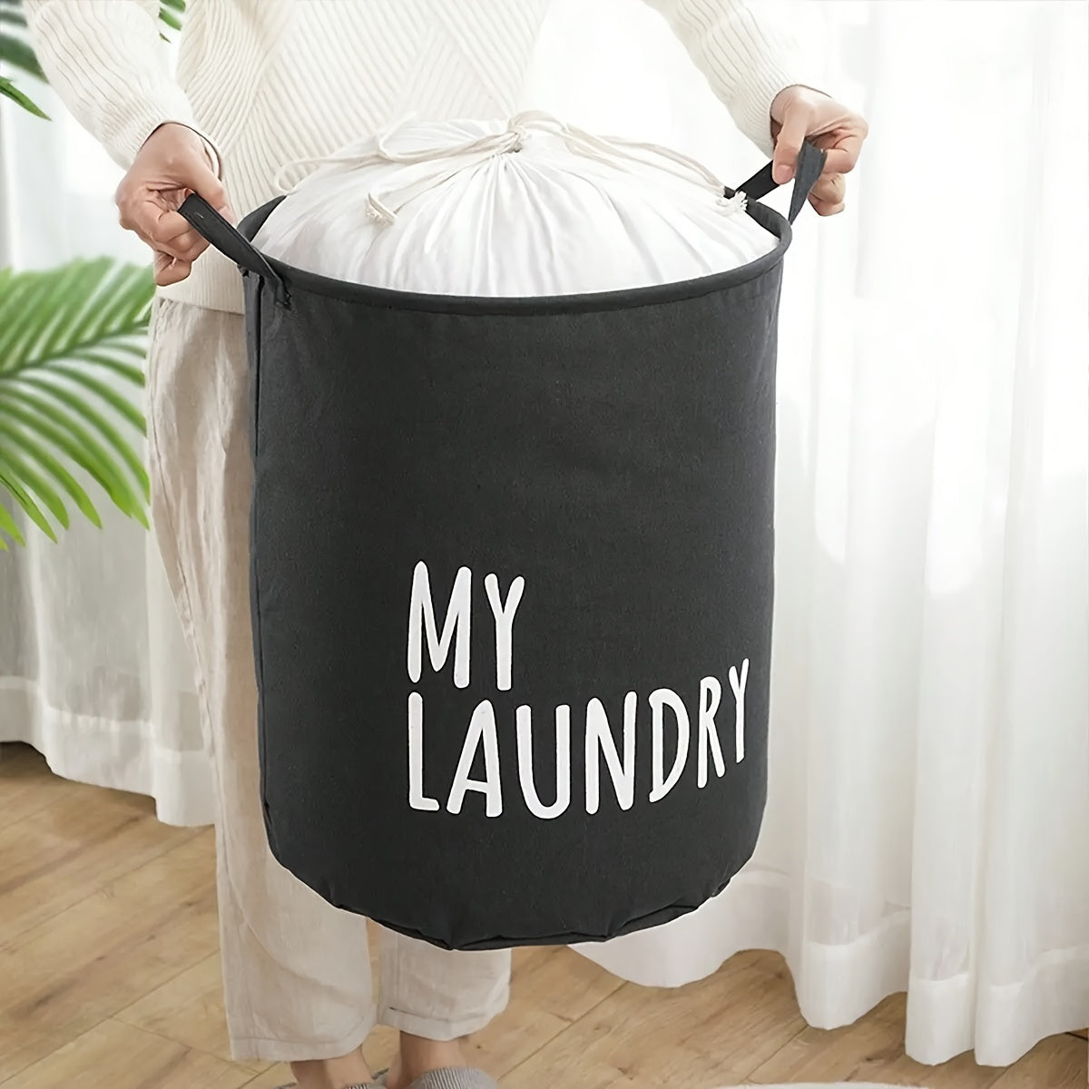 Collapsible Laundry Basket with Drawstring Water-Resistant Storage Container for Clothing and Toys