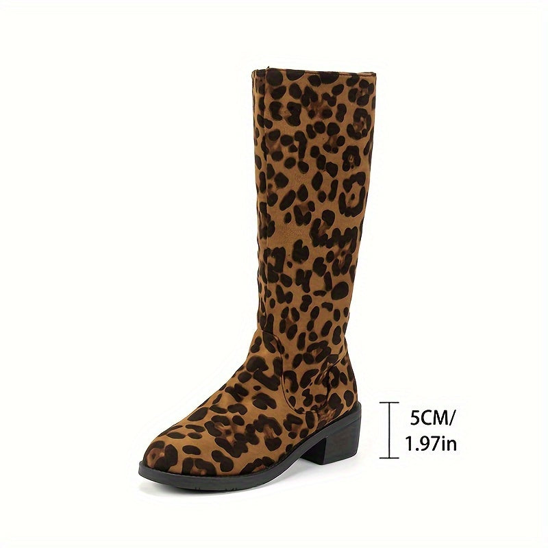 Women’s Leopard Print Mid-Calf Boots Velvet Side Zipper Anti-Slip