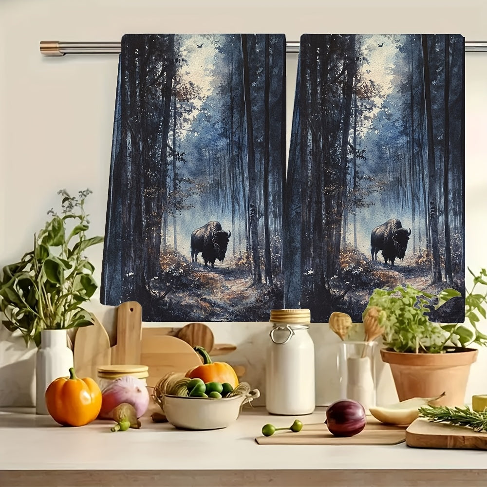 Ultra Soft Kitchen Towels Set of 2 Bison Woods Scene 40x60cm Absorbent
