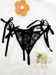 Women's Black Thong Panties Set with Adjustable Straps Polyester Knit Pack of 2