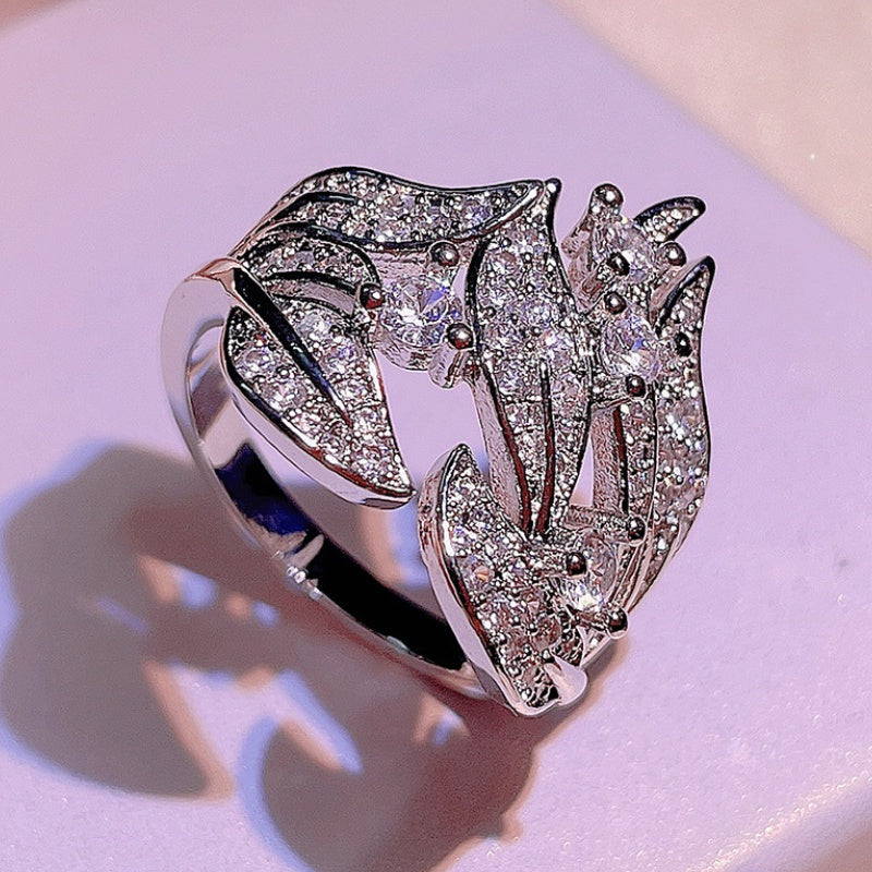 Women's Silver Plated Micro Pave Zirconia Flower Leaf Ring Jewelry