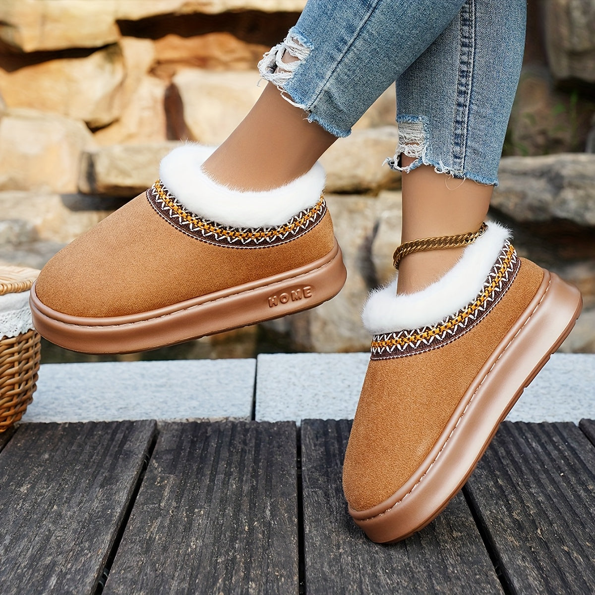 Women Cozy Fleece Lined Slippers Warm Brown Indoor Slip-Ons