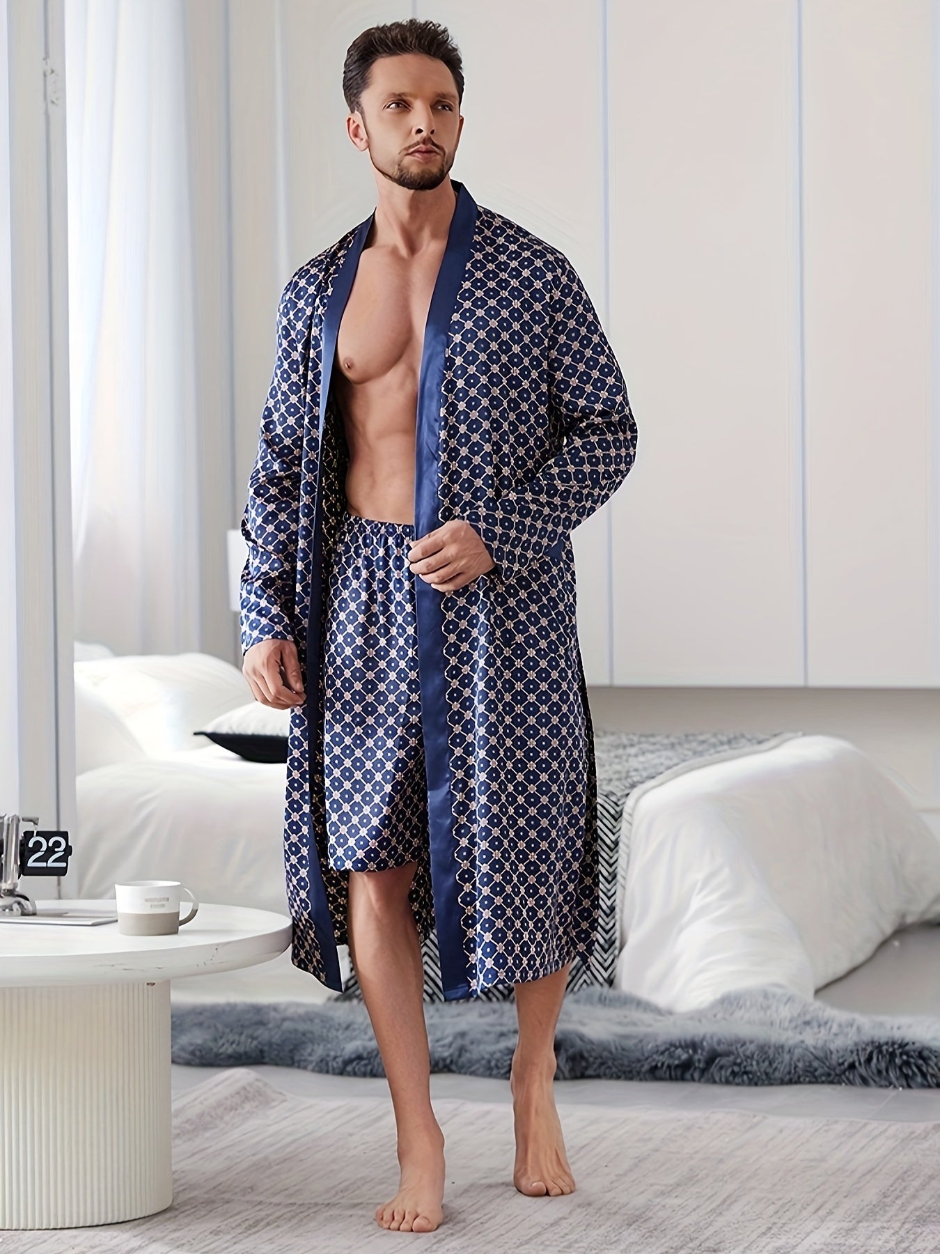 Men's Casual Pajama Set with V-Neck Robe Belt Random Print Polyester Non-Stretch