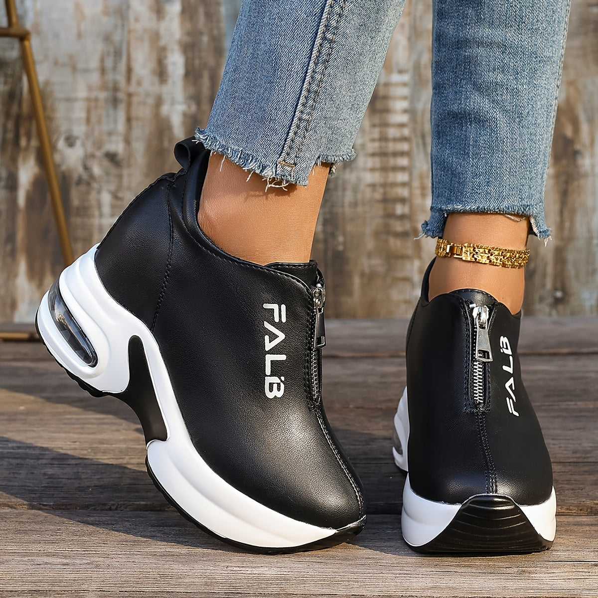 Women's Fashion Sneakers with Air Cushion Zipper Closure Solid Low Top Rubber Sole