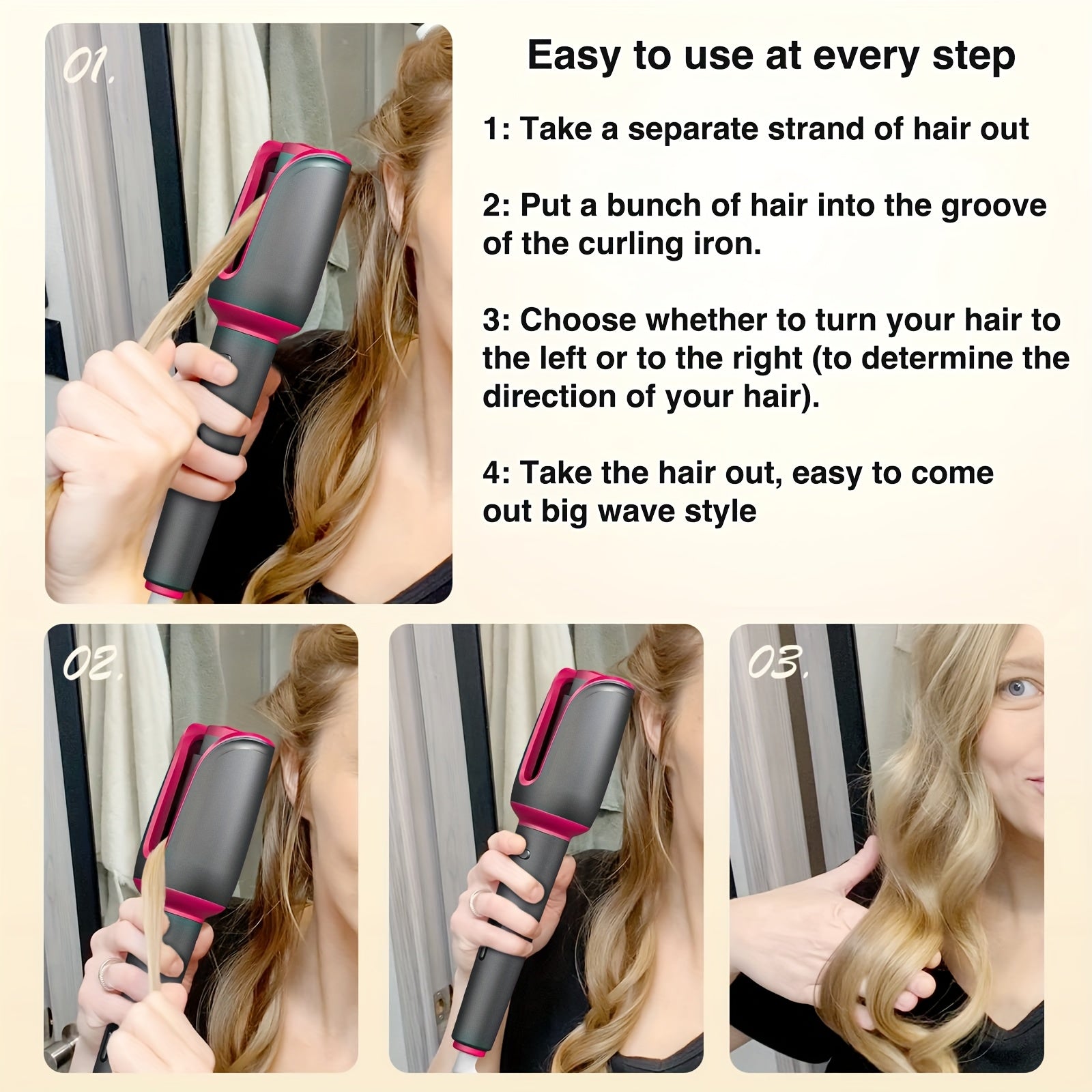 Rizador de cabello automático de 32mm con tecnología de iones negativos, 3 configuraciones de temperatura y temporizador