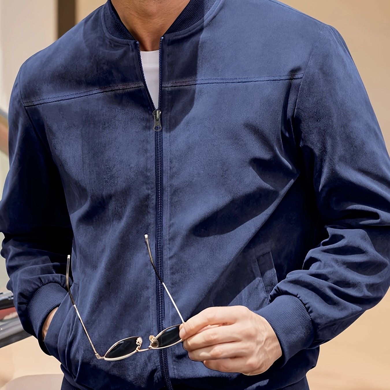 Men's Navy Blue Lightweight Polyester Jacket with Stand Collar and Full-Zip for Spring and Autumn