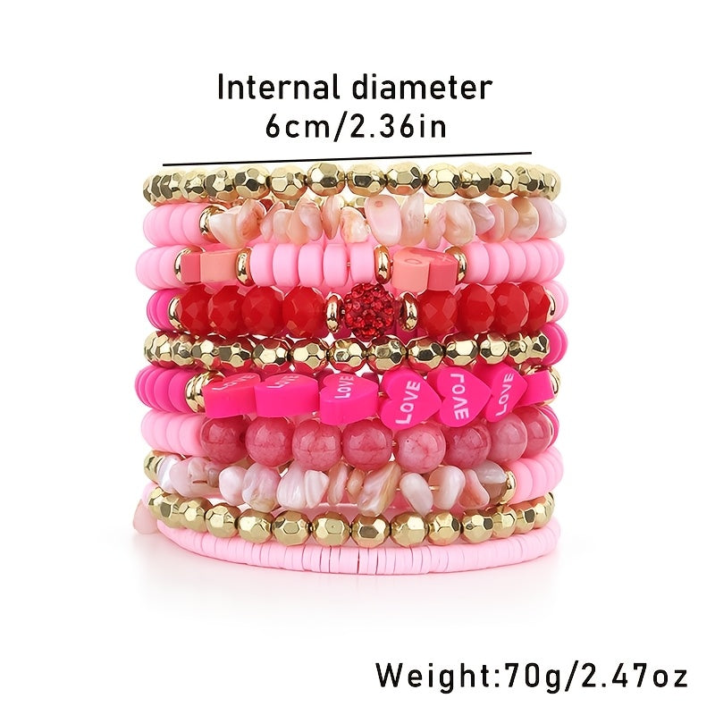 Multi-Layer Boho Chic Bracelet with Pink Heart Faux Stone Beads for Women