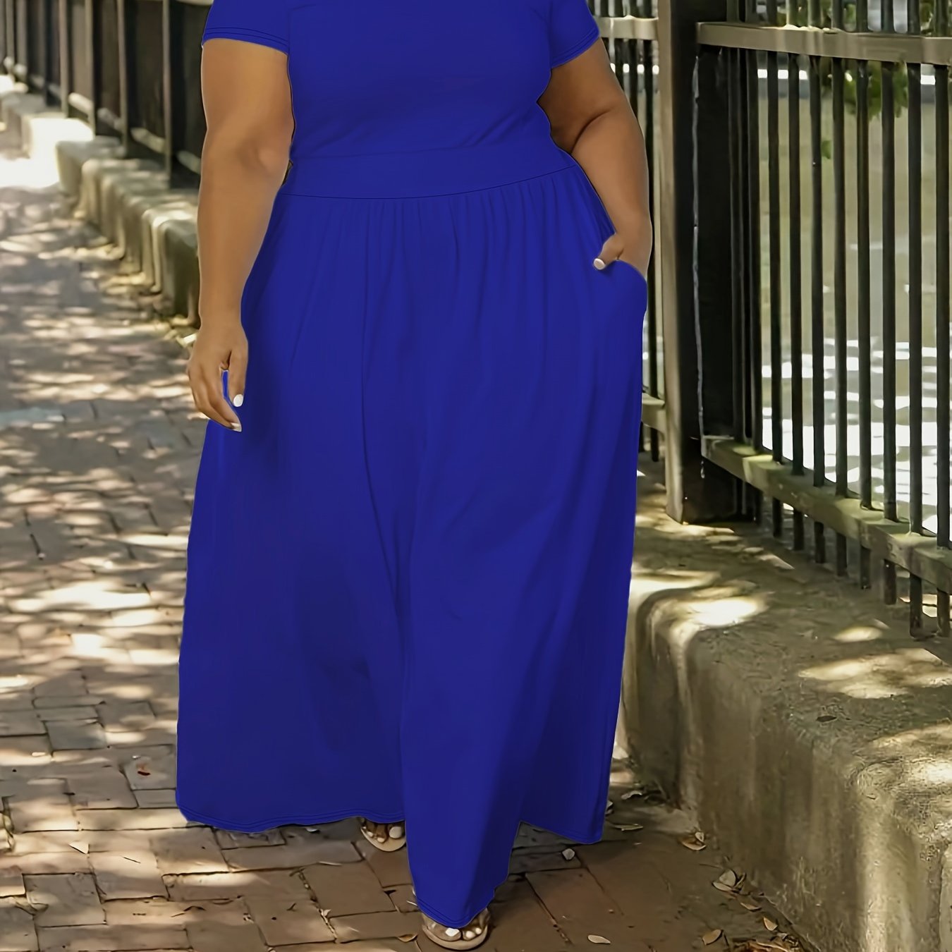 Plus Size Solid Maxi Dress with Short Sleeves, Medium Stretch, Crew Neck