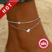 Silver Double Layer Anklet with Rhinestones and Heart Charm for Beach and Summer Wear