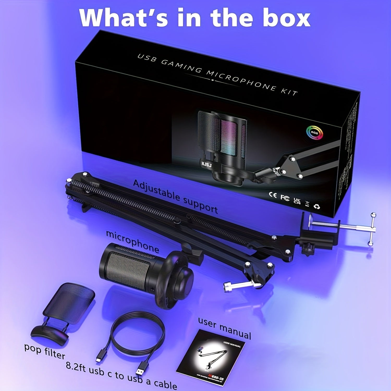 Micrófono de condensador USB con LED de 7 colores RGB con conector para auriculares para juegos, canto, karaoke y transmisión