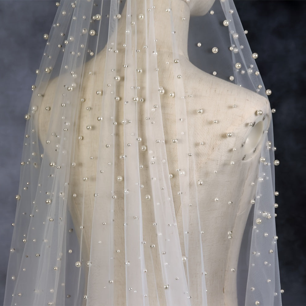 Pearl-Embellished Wedding Veil for Brides with Hand Wash Care