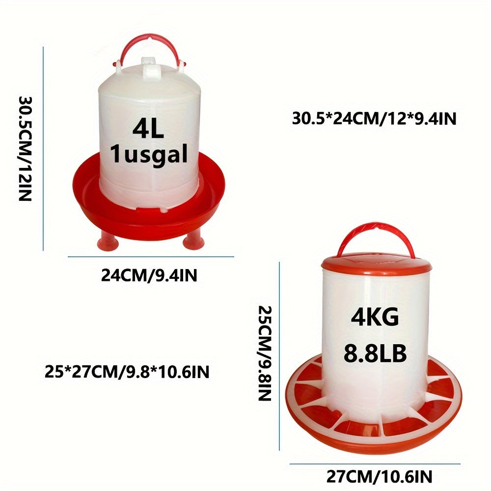 Tovuq ozuqasi va suv tarqatish to'plami yuqori zichlikdagi 4KG ozuqa tarqatgich va 4L suv idishini o'z ichiga oladi. Mustahkam polipropilen material, osma tutqichlar va siqishdan qaytish dizayni bilan ajralib turadi.