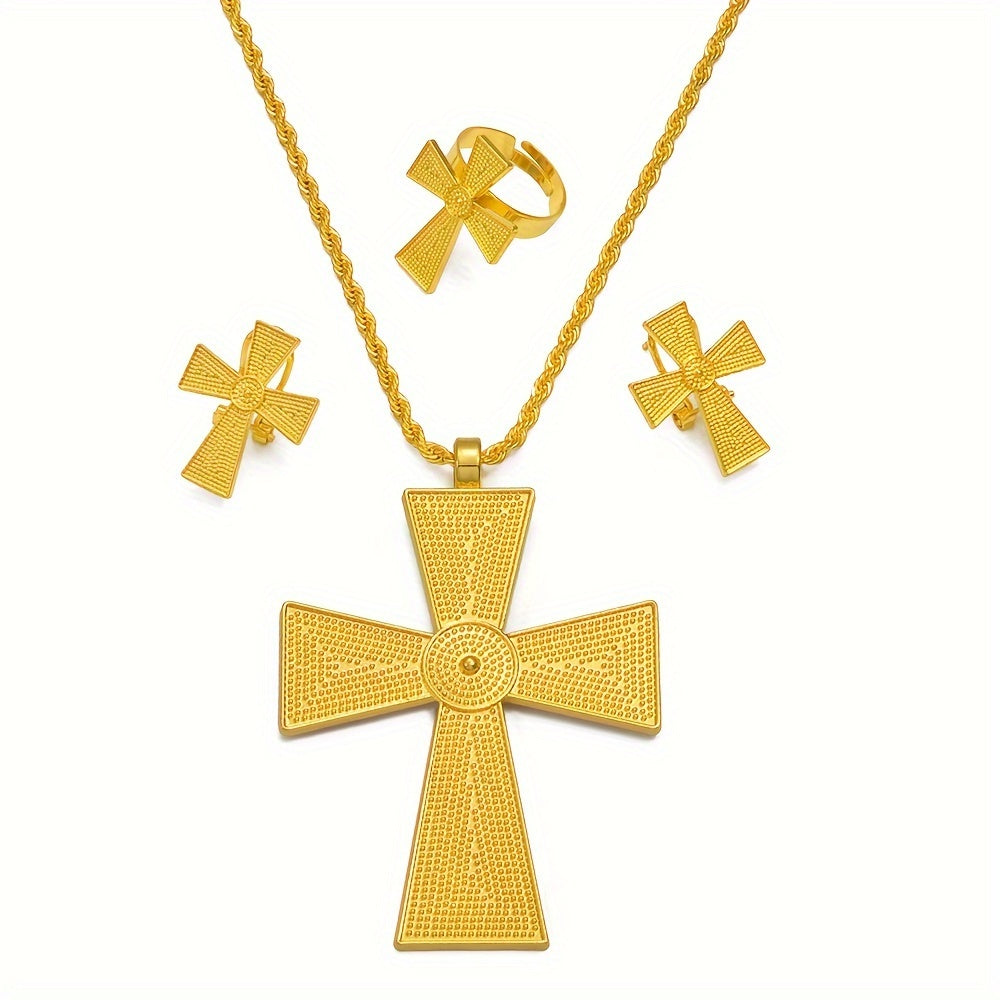 Female Punk Style Jewelry Set with Cross Earrings Necklace and Ring Zinc Alloy 18K Plated