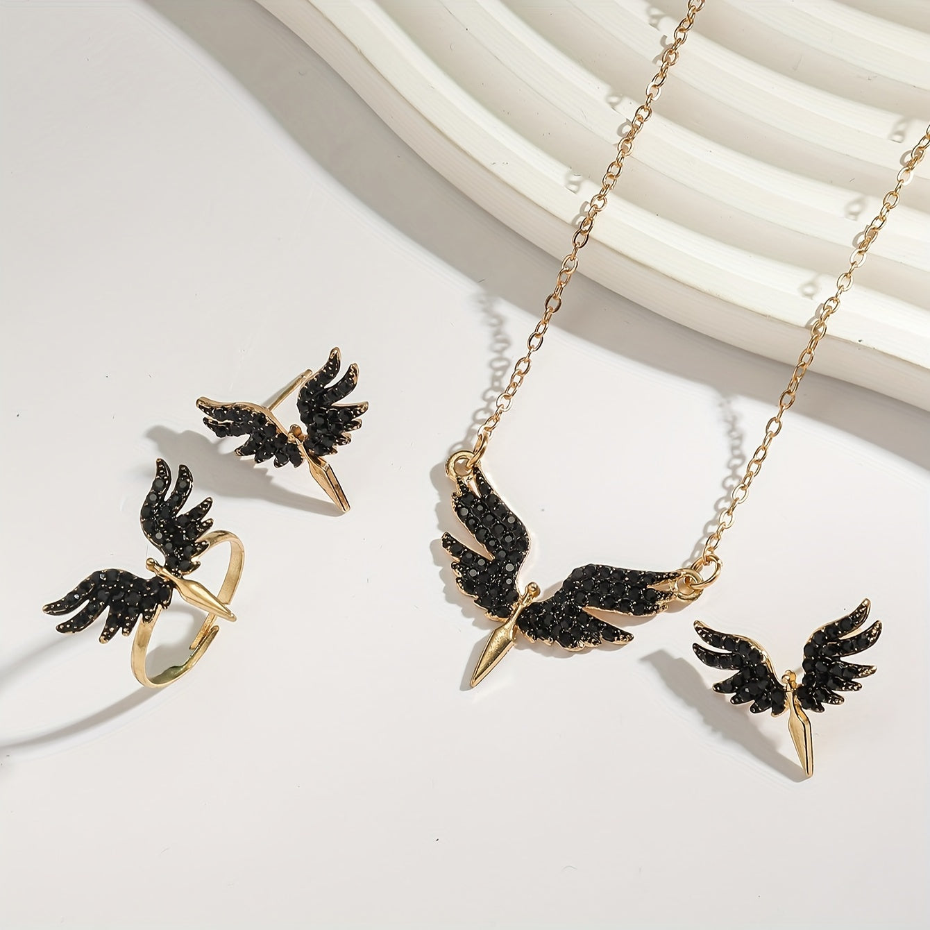 Women's Angel Wing Jewelry Set Gold Tone Black Accents Necklace Earrings Ring Gift for Women