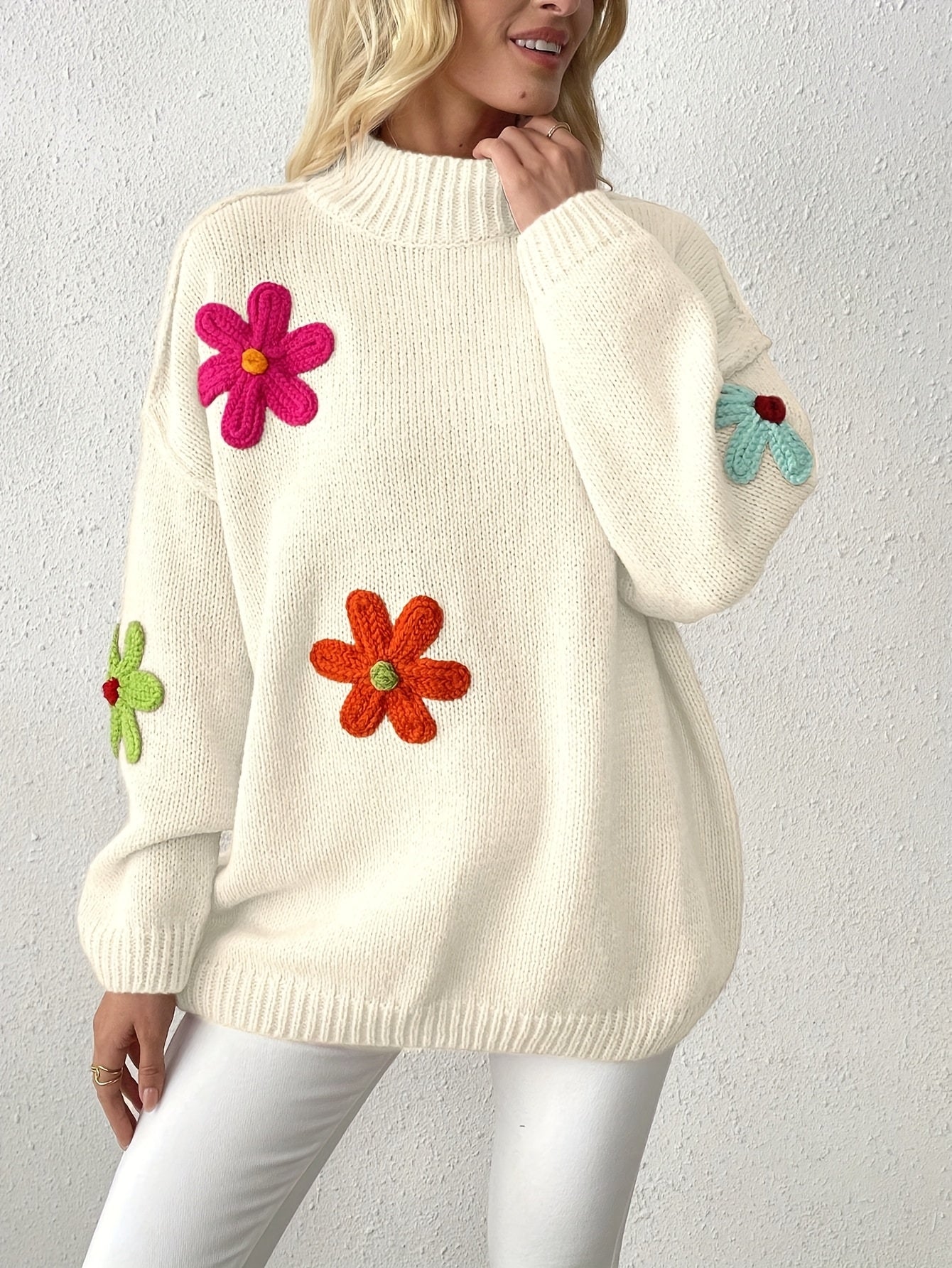 Plus Size Floral Applique Knit Sweater Casual Long Sleeve High Neck Top