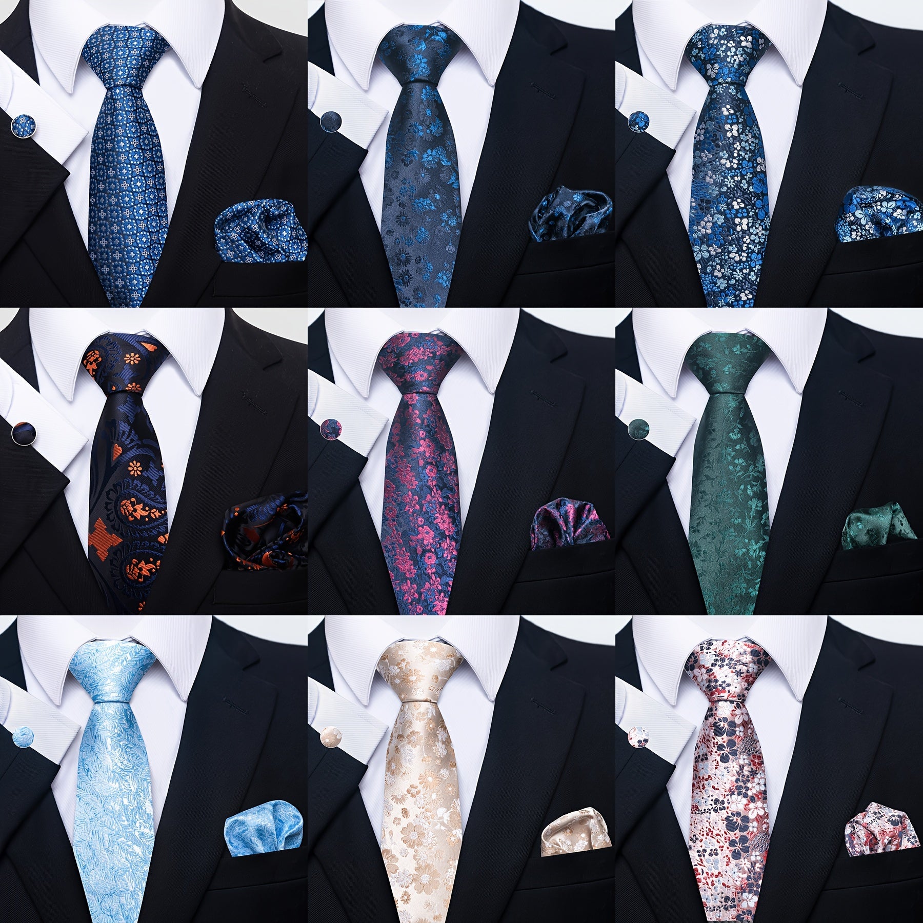 Set of 4 Men's Floral Tie Handkerchief Cufflinks Wedding Party Business Accessories