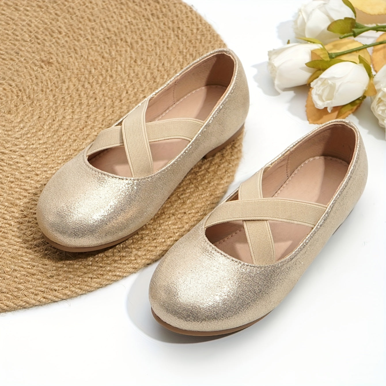 Girls Flat Shoes 2023 Glitter Ankle Strap Non Slip All-Season Ballet Shoes