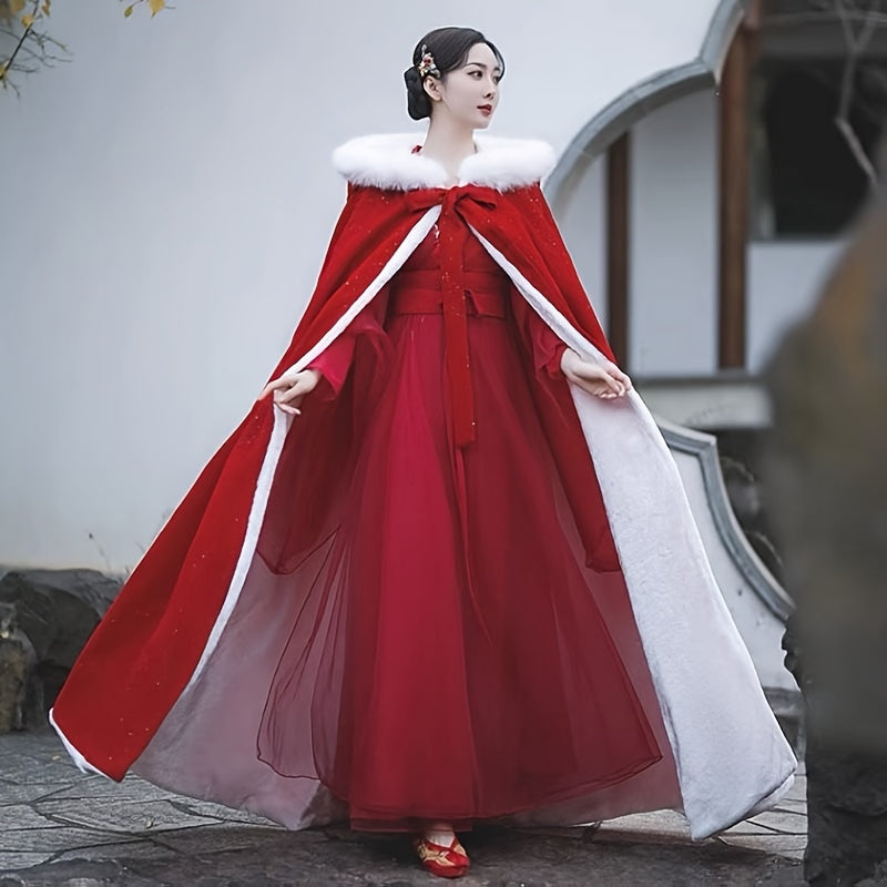 Красный накидка с пайетками и воротником из искусственного меха для женщин, стильный костюм и гламур